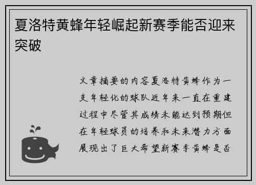 夏洛特黄蜂年轻崛起新赛季能否迎来突破