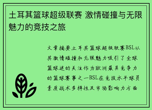 土耳其篮球超级联赛 激情碰撞与无限魅力的竞技之旅